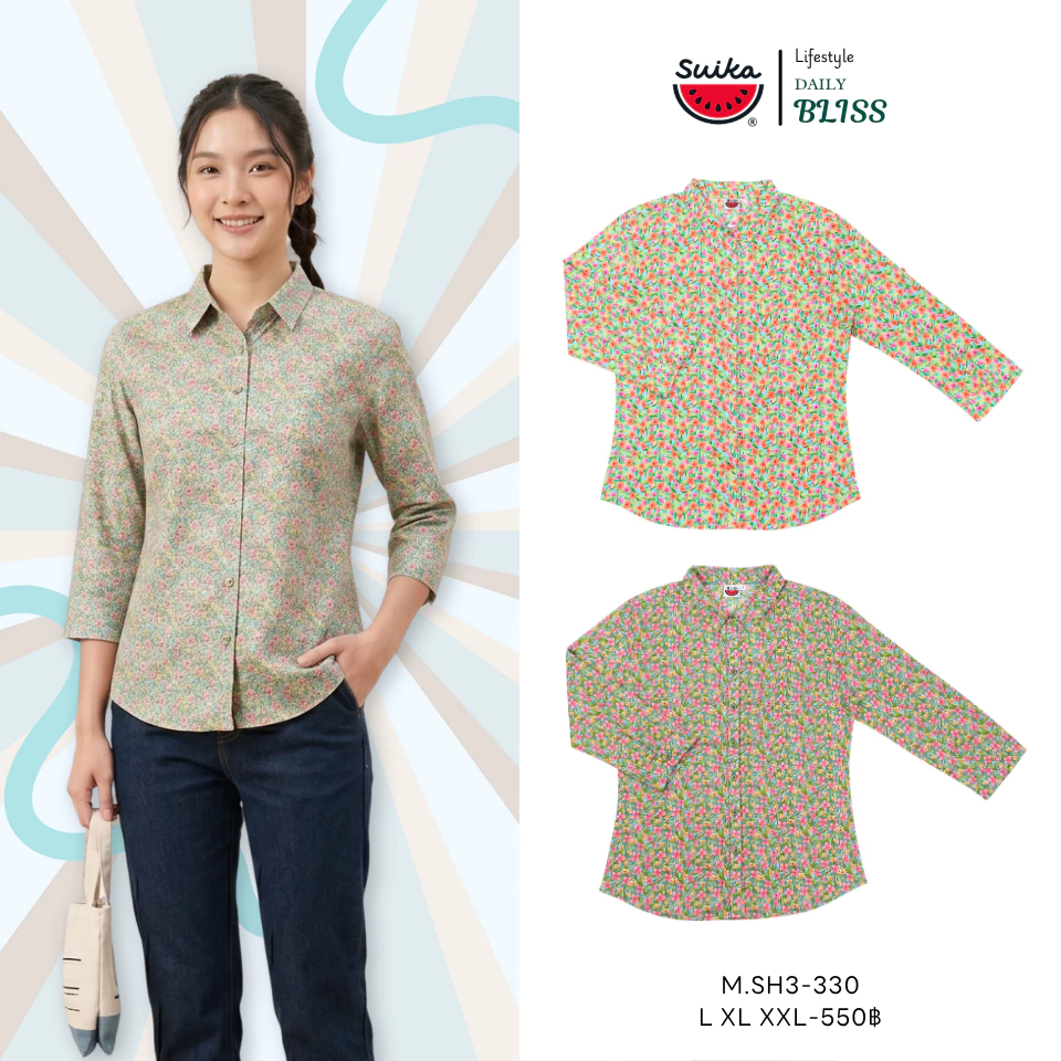 เสื้อแตงโม (SUIKA) - เสื้อคอปกผ่าหน้าแขนสามส่วน (ผ้าป่านมัสลิน) (M.SH3-122 330)