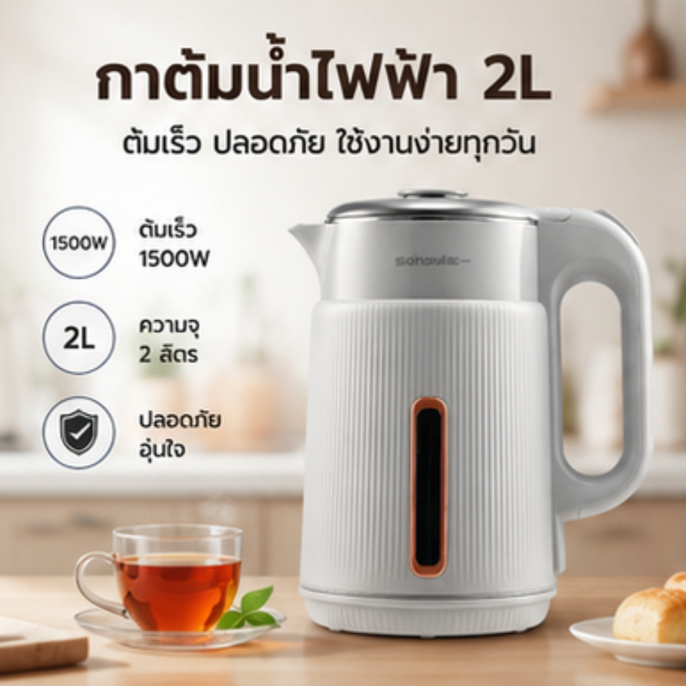 กาต้มน้ำไฟฟ้าสแตนเลส 2 ลิตร 1500W กาต้มน้ำสแตนเลสคุณภาพสูงสำหรับบ้านและออฟฟิศ