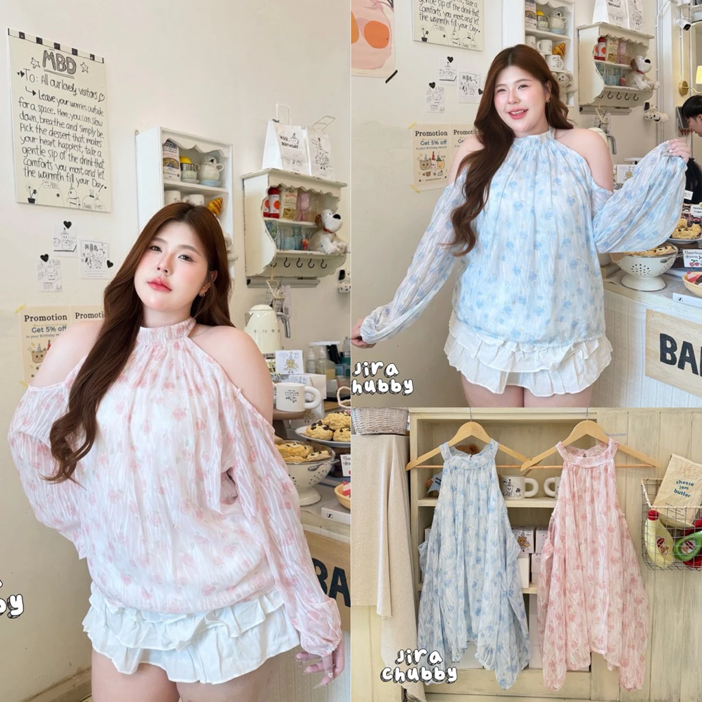 /JR/ เสื้อเว้าไหล่สาวอวบ ไซส์อก38-50 ผ้าลายดอกกุหลาบ ดูแพง คุณหนูสุดๆ ใส่ไปเที่ยว ไปเดท ออกงานได้ #พลัสไซส์
