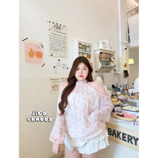 /JR/ เสื้อเว้าไหล่สาวอวบ ไซส์อก38-50 ผ้าลายดอกกุหลาบ ดูแพง คุณหนูสุดๆ ใส่ไปเที่ยว ไปเดท ออกงานได้ #พลัสไซส์