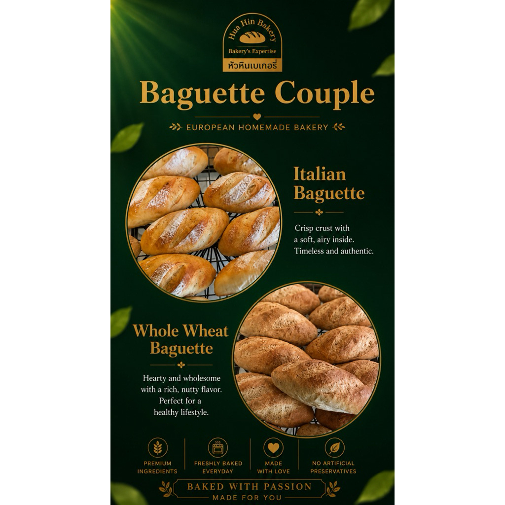 Baguettes couple set of 2 different baguettes (8 pcs Italian baguettes & 8 pcs whole wheat baguettes )