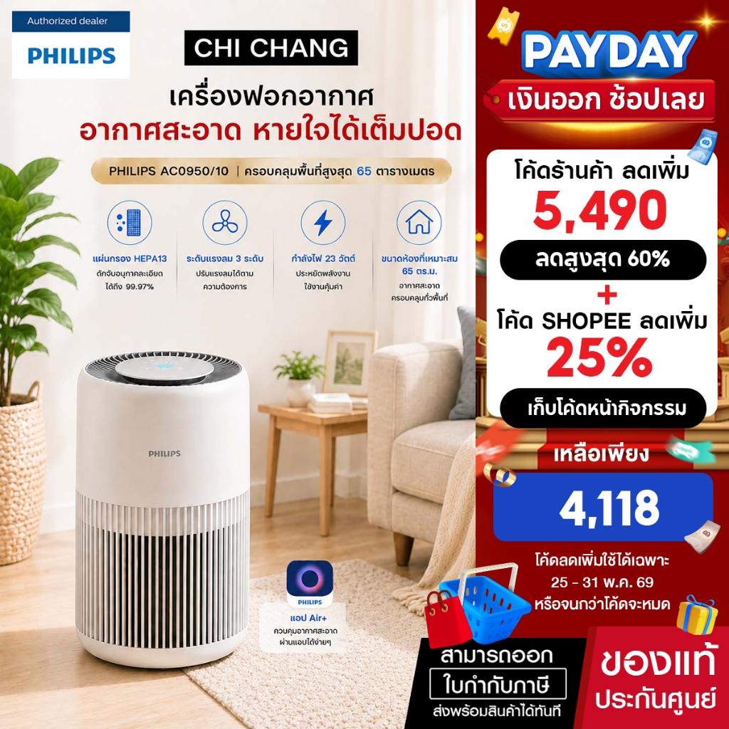 Philips Air Purifier AC0950/10 เครื่องฟอกอากาศสำหรับห้องขนาด 65 ตร.ม.