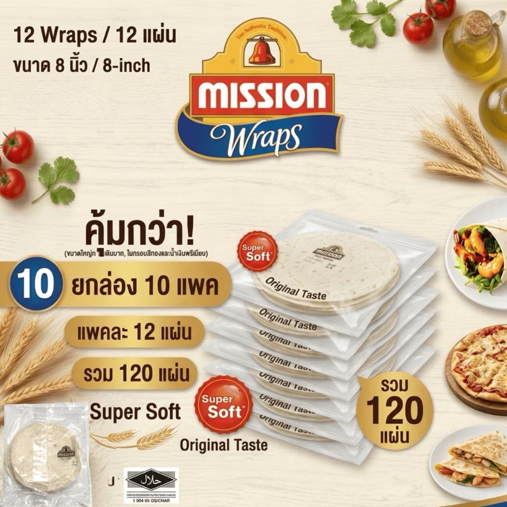 คุ้มยกลังแป้งตอติญ่าMissionมิชชั่นรสดั้งเดิม 8 นิ้ว (10 แพ็ค รวม 120 แผ่น) ถุงใส แป้งแรป ราคาส่ง