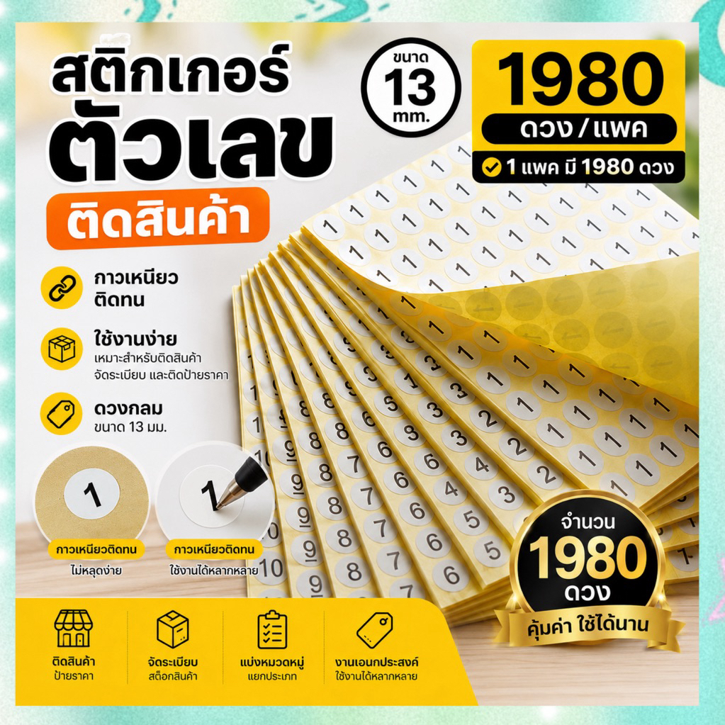 สติ๊กเกอร์ตัวเลข ขนาด 13 มม.(  1980ดวง /แพค) 1,2,3,4,5,6,7,8,9,10,1-100 พร้อมส่ง🇹🇭