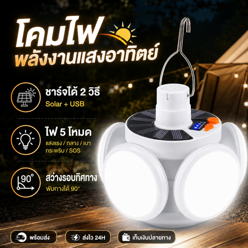 【ซื้อ 1 แถม 1】ไฟสนามฟุตบอล Solar cell พลังงานแสงอาทิตย์ ขนาดใหญ่ กันน้ำระดับ IP69 สำหรับใช้งานกลางแจ้ง