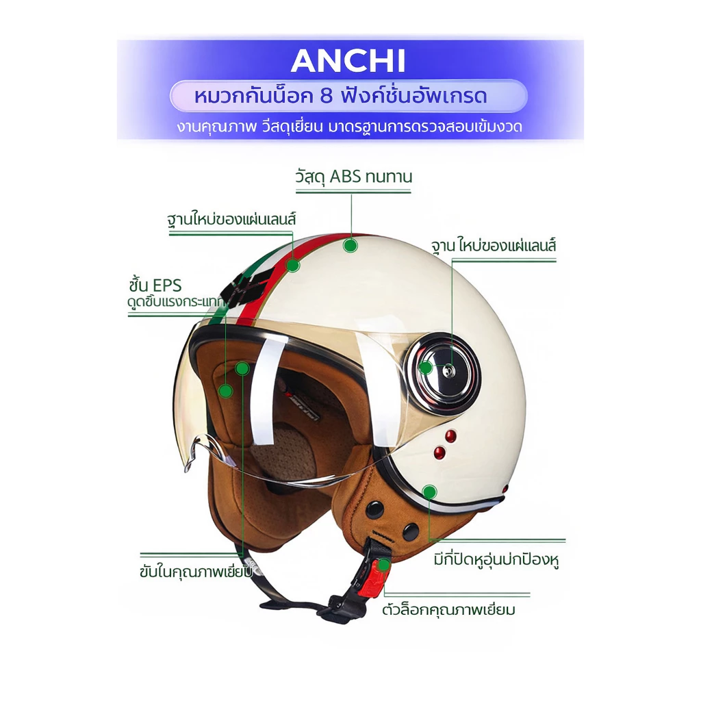 Anchi หมวกกันน็อคครึ่งใบ เปลือกABS แถบสะท้อนแสง HD thumbnail 3