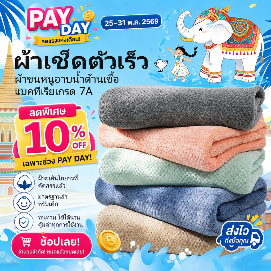 【ชุดสุดคุ้ม: 5 ชิ้น 】ผ้าเช็ดตัว ไซส์ใหญ่พิเศษ ขนาด70*140ซม. ผ้าเซ็ดตัวสาเกญี่ปุ่น ผ้าเซ็ดตัวรังผึ้ง ผ้าขนหนูอาบน้ำขายส่ง