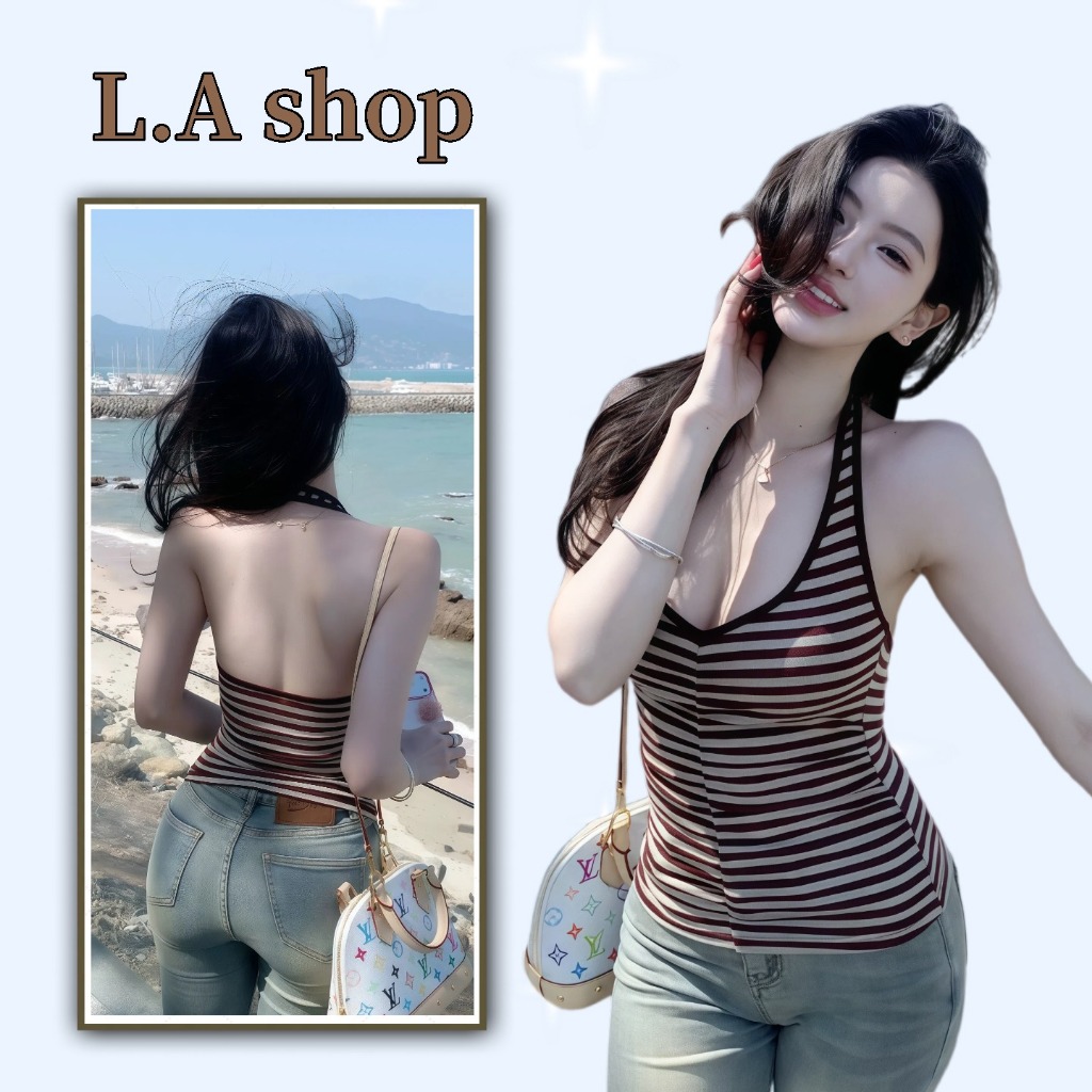 L.A Shop★พร้อมส่ง เสื้อแขนกุด คล้องคอ ถักลายริ้ว ปรับปรุงตัวเอง ดีไซน์เปิดหลัง เซ็กซี่ -2190