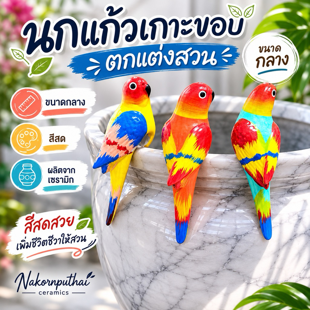 นกเกาะเซรามิก สีสด สีทน นกเซรามิกแต่งสวน ตุ๊กตานกแต่งสวน ตุ๊กตาเซรามิก นกเกาะขอบอ่าง