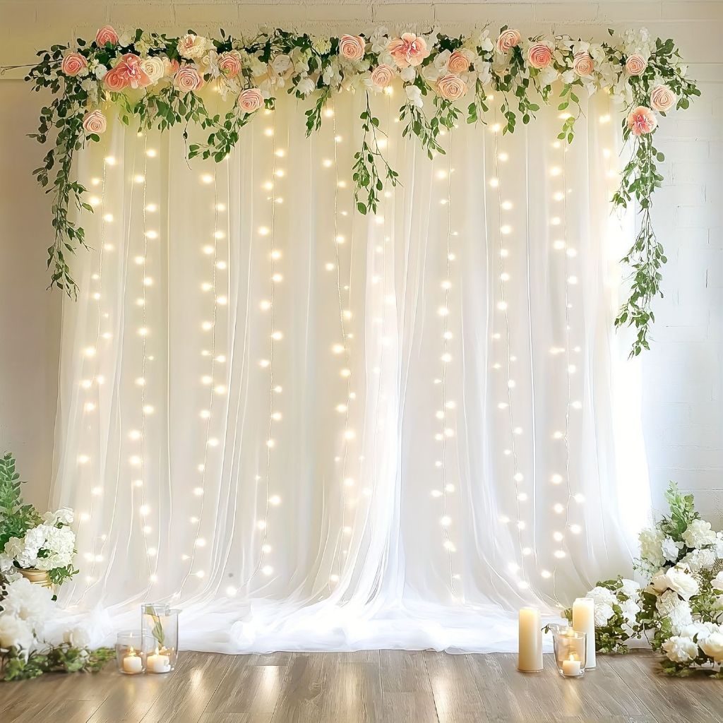[พร้อมส่ง] COD ผ้าม่านทิวล์ฉากหลังงานแต่งงาน พร้อมไฟ LED ตกแต่งโรแมนติก สีขาว สำหรับงานปาร์ตี้ งานแต่ง ถ่ายรูป พร้อมส่ง