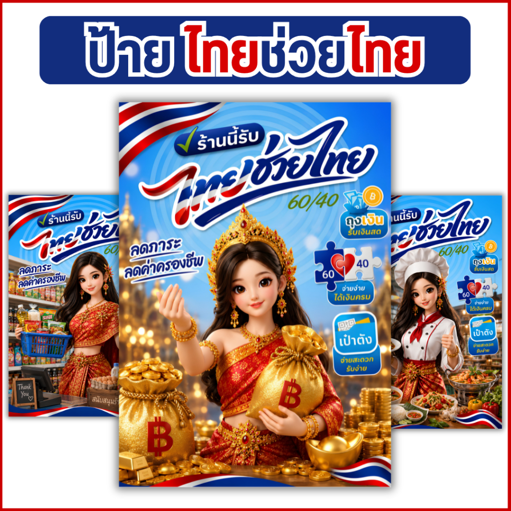 ป้ายไทยช่วยไทย เคลือบกันน้ำ สีคมชัด ร้านนี้รับไทยช่วยไทย คนละครึ่ง เป๋าตัง