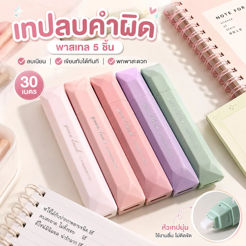 ลิควิด เทปลบคำผิด สีพาสเทล 5 ชิ้น ดีไซน์มินิมอล พกง่าย เขียนลื่น ใช้กับปากกาได้หลายแบบ