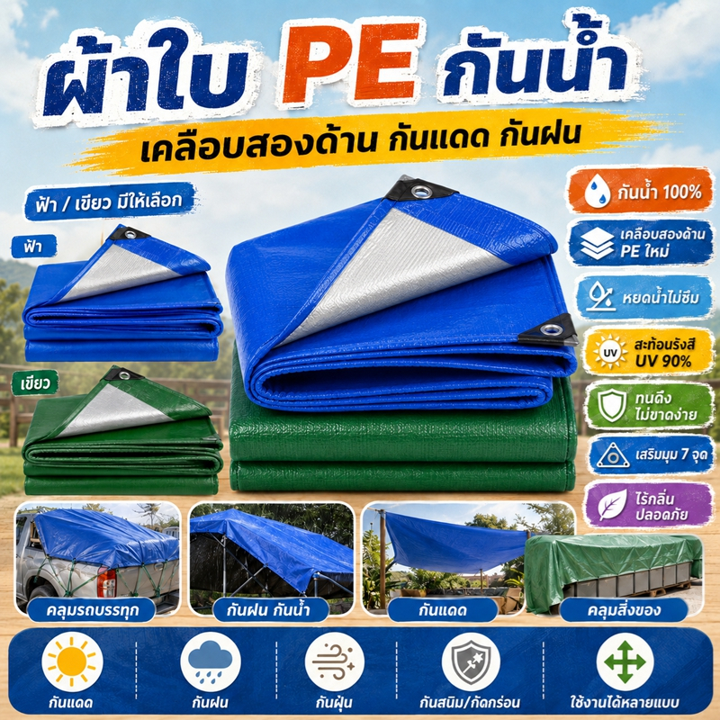 ผ้าใบกันน้ำ แบบหนา ผ้าใบกันน้ำสำหรับรถยนต์ ผ้าใบPE มีตาไก่ กันน้ำ 100% ผ้าคลุมรถ กันแดด กันฝ้า อเนกประสงค์ ขนาด 2x2~3×4