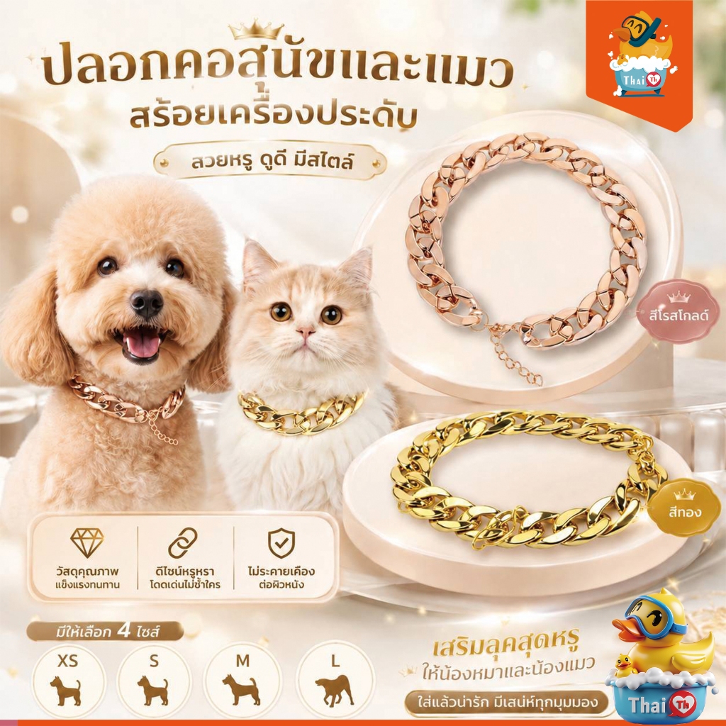 Thai.th ปลอกคอสุนัข สัตว์เลี้ยง แฟชั่นโซ่ทองขนาดใหญ่ วัสดุพลาสติก เครื่องประดับสร้อยคอสัตว์เลี้ยง Gold collar
