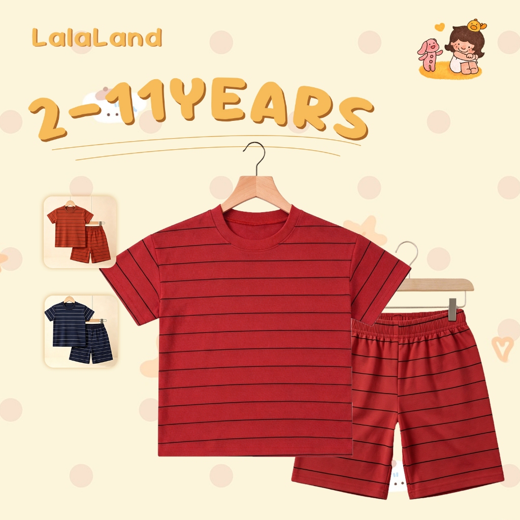 2-11 ปี ชุุดนอน ลายทาง เสื้อคอกลม+Pajama Bottoms แขนสั้น กางเกงนอนของเด็ก ชุดเด็ก านุ่มใสสบายฯ