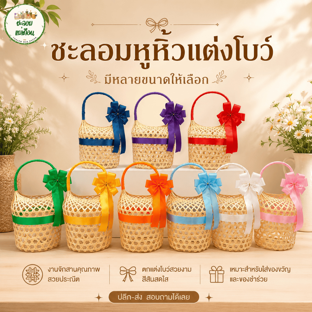ชะลอมหูหิ้วพร้อมแต่งโบว์ สีล้วน หลายสี หลายขนาด ของขวัญ ของฝาก งานจักสานทำมือ พร้อมส่ง ออกใบเสร็จได้นะ