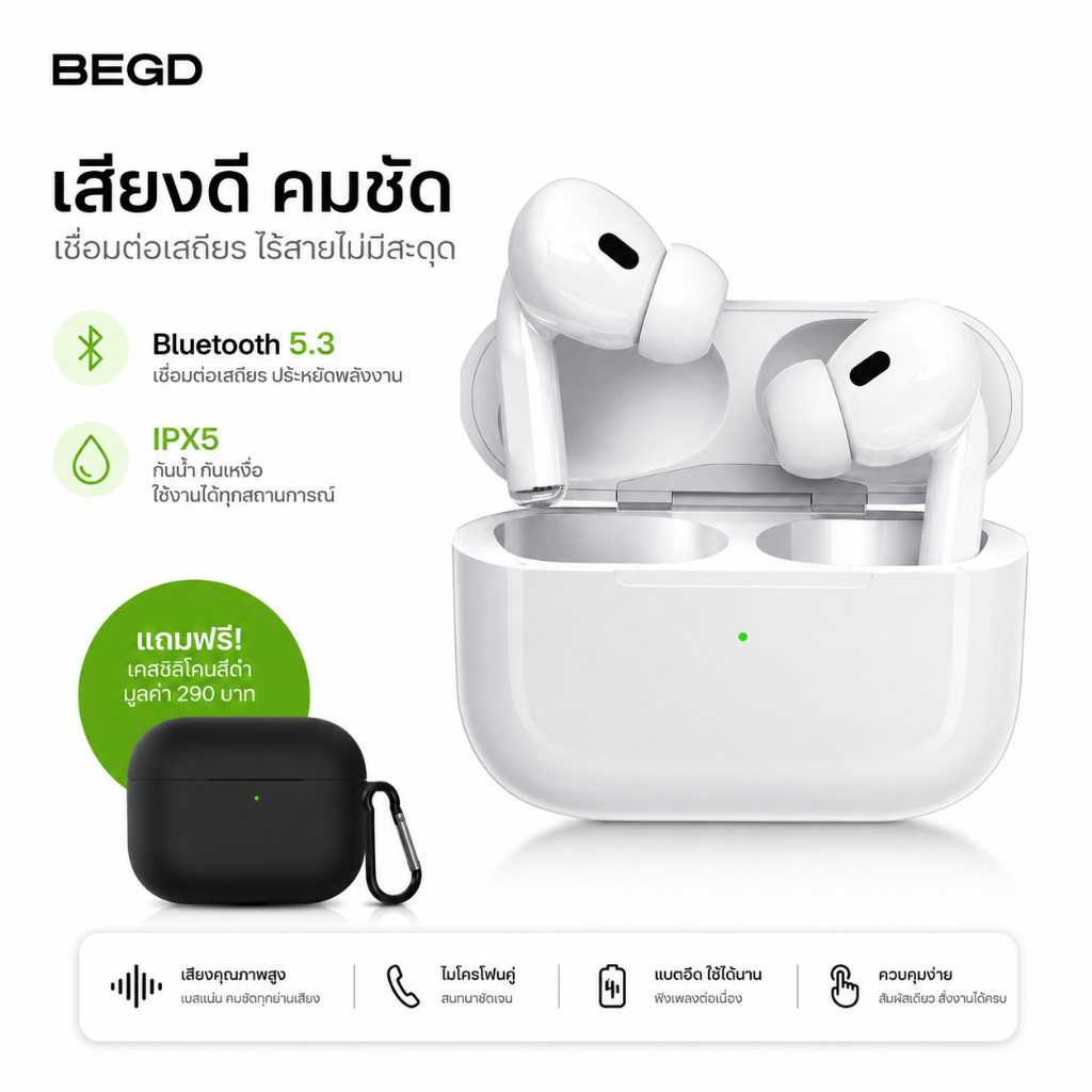 BEGD (รับประกัน 1 ปี+ของแถม) 5.3 TWSชุดหูฟังไร้สายบลูทู ธ IPX5 เสียงลดเสียงเบสกันน้ำสำหรับการโทรที่ชัดเจนและไม่มีการรบกว