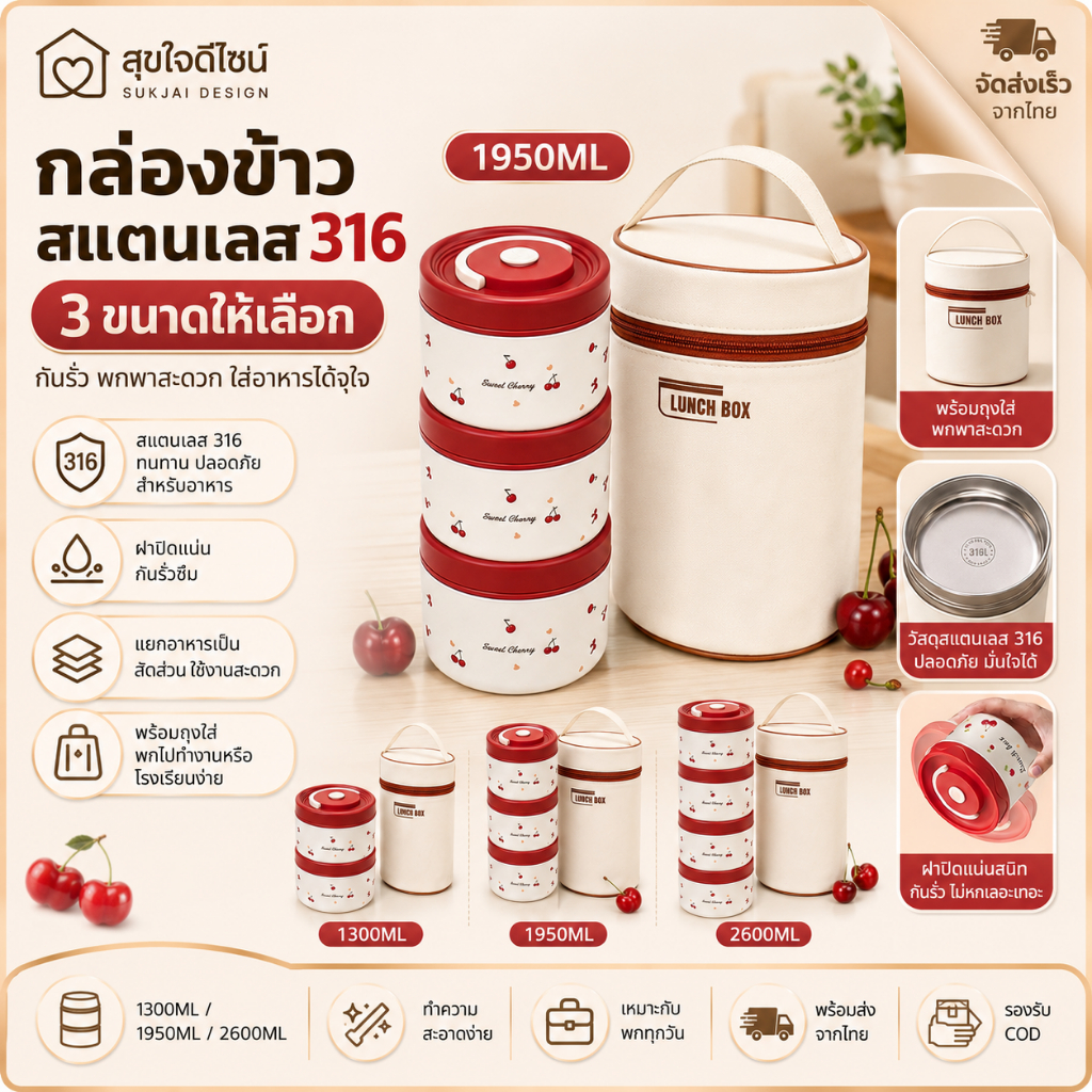กล่องข้าวสแตนเลส 316 กันรั่ว ความจุใหญ่ 1300/1950/2600ml ปิ่นโตพกพา ใส่อาหาร พร้อมส่ง