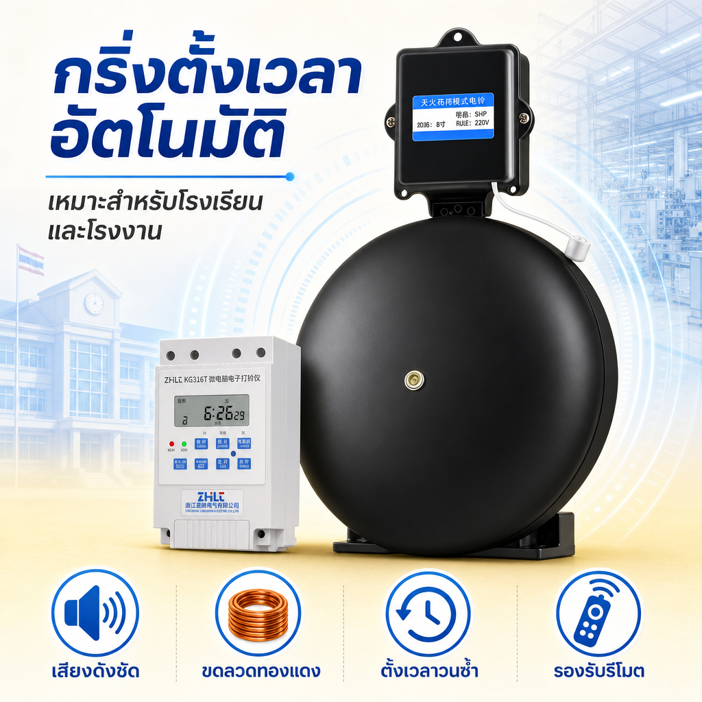 กระดิ่งไฟฟ้า Alarm เสียงเตือนภัย ขนาด 220V สามารถควบคุมระยะไกลได้ ตั้งเวลาอัตโนมัติ เหมาะโรงเรียน โรงงาน อาคารสถานก่อสร้