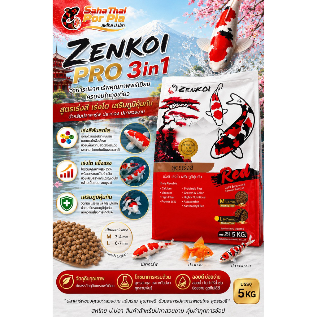 ZenKoi Pro 3in1 บรรจุ5kg สูตรเร่งสี เร่งโต เสริมภูมิคุ้มกัน ครบจบในถุงเดียว สำหรับปลาคาร์พ ปลาทอง ปลาสวยงาม