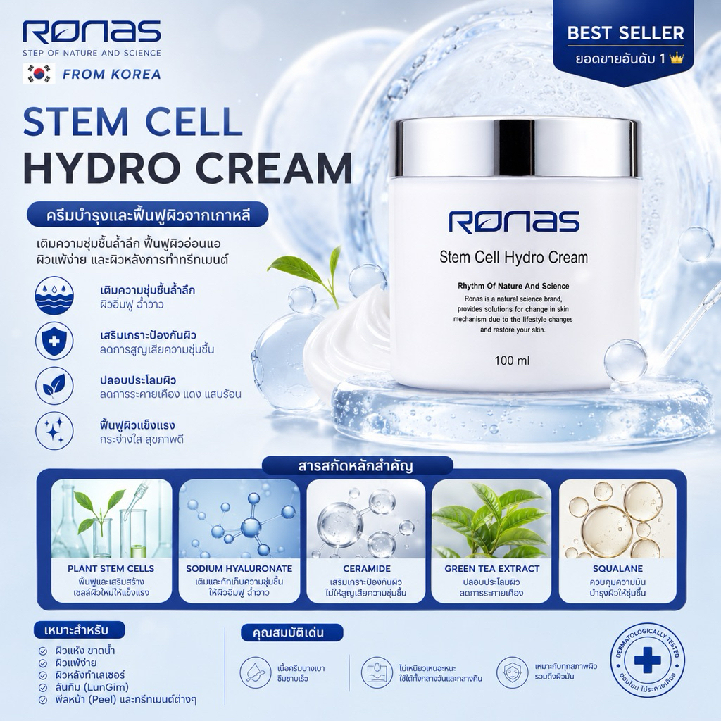 🇰🇷ครีมหน้าเด็ก  RONAS STEM  CELL HYDRO CREAM 100 ML ครีมกระชับผิว กระตุ้นเซลล์ใหม่