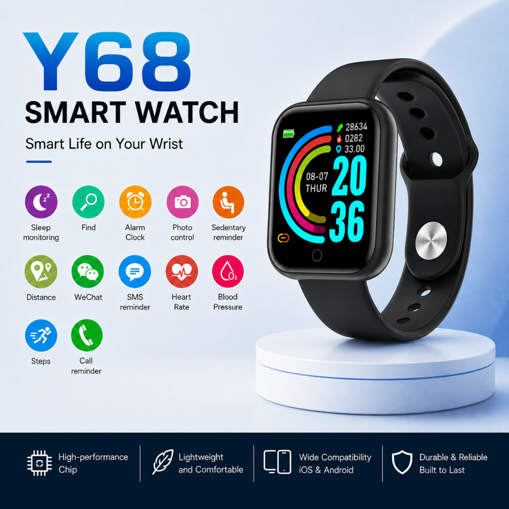 Y68 Smart Watch Bluetooth Waterproof Fitness Tracker Jam Tangan with Heart Rate Monitor Steps Counte