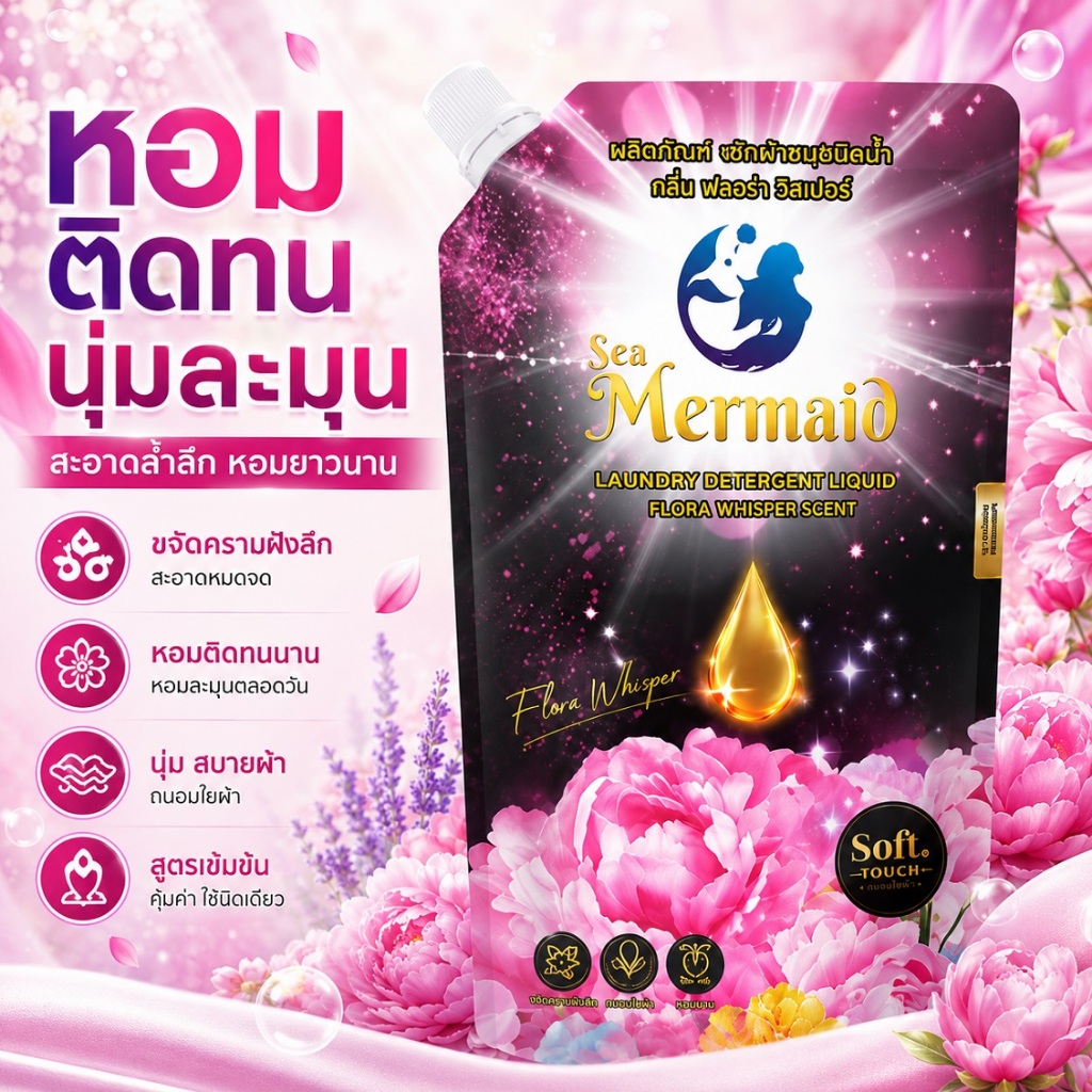 Sea Mermaid น้ำยาซักผ้า ของเหลว 500 มล. กลิ่น Flora Whisper หอมพรีเมี่ยม ทำความสะอาดล้ำลึก.