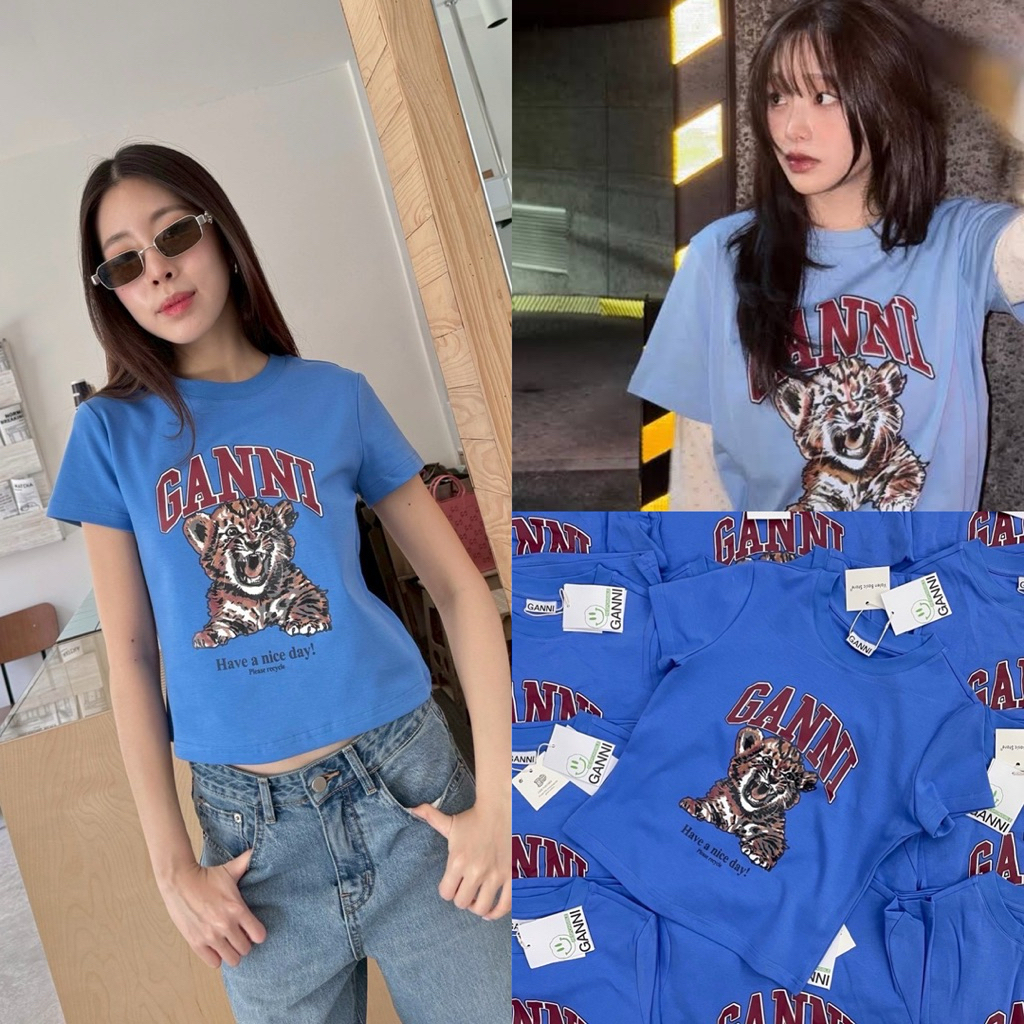 Ganni baby tee 🤍 เสื้อยืดคอกลมแขนสั้นทรงเบบี้ที ลายใหม่น่ารักมาก