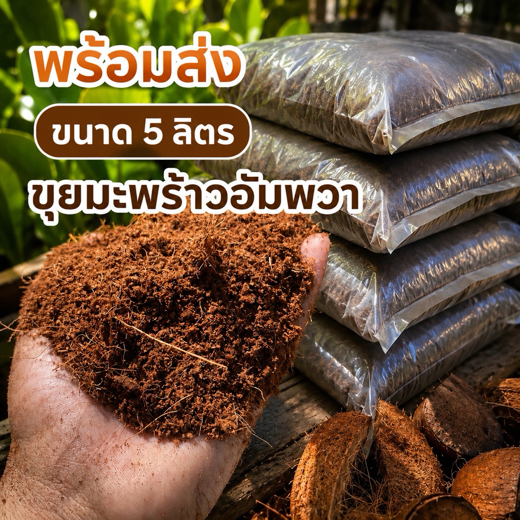 ขุยมะพร้าว 100% จากอัมพวา เกรดธรรมชาติ 5ลิตร ไม่เค็ม สำหรับผสมดินปลูก เพาะเมล็ด