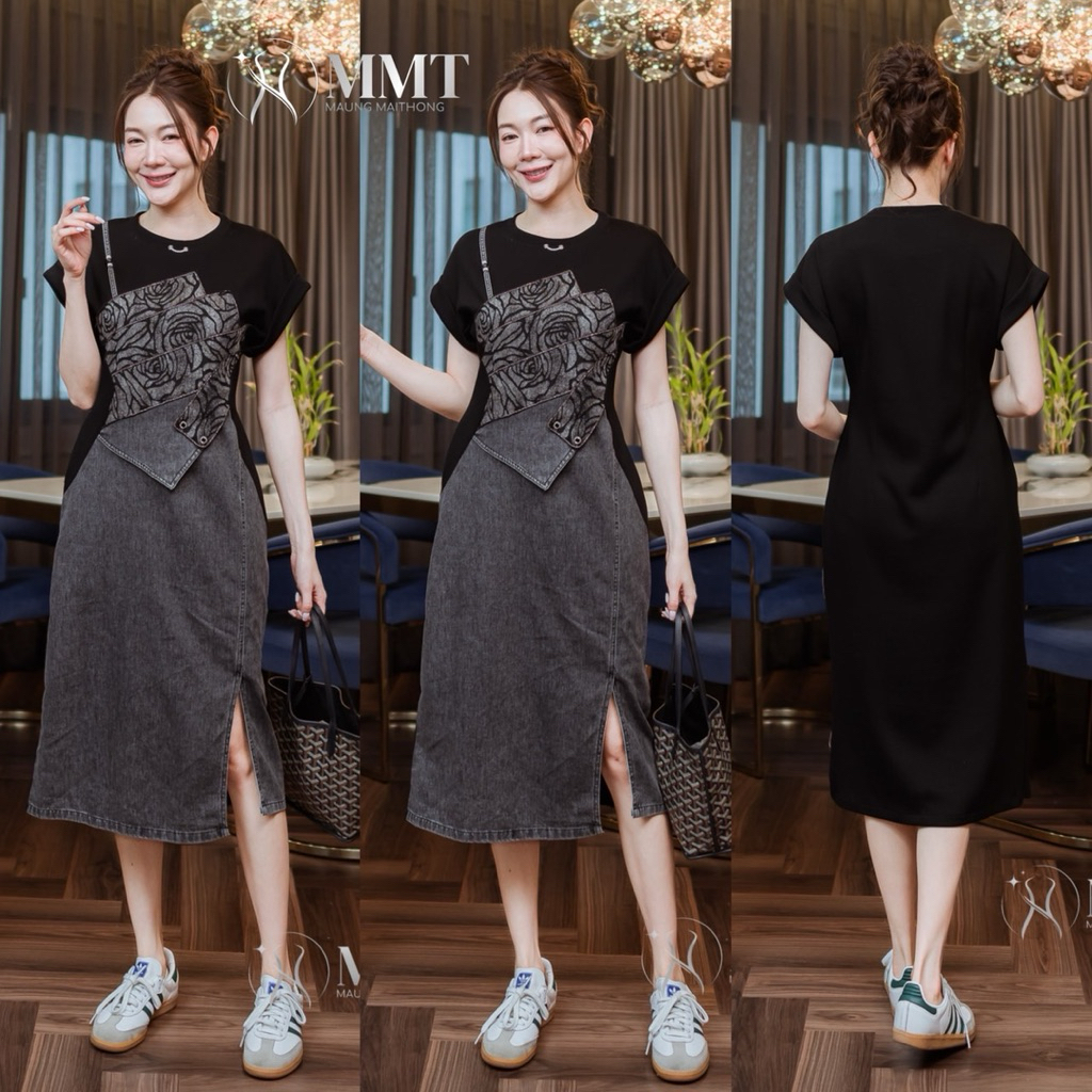 🌈🌿🌼🌺🌸🖤🩶🇰🇷 Jeans Patch Cotton Floral SGL Maxi Dress