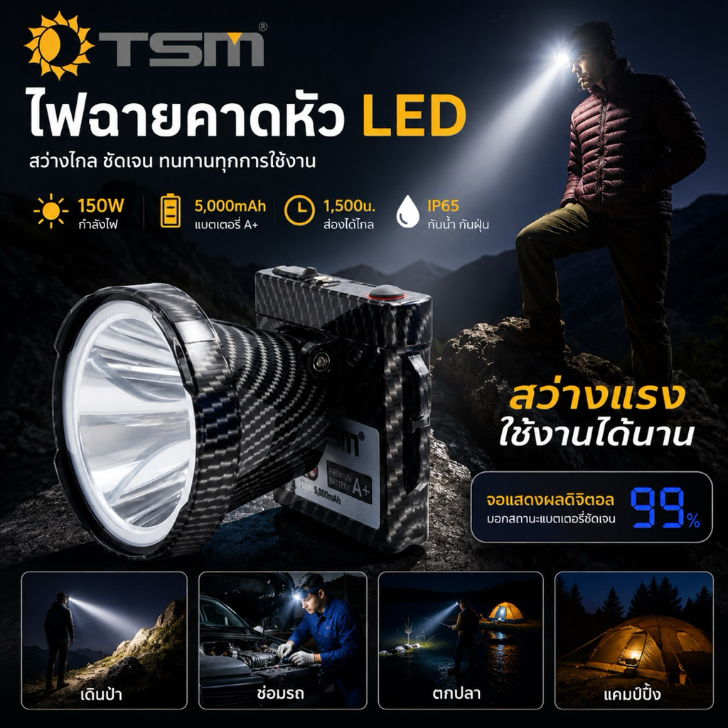 ไฟคาดหัว ไฟฉายคาดหัว LED พร้อมสายชาร์จ 150W แบตเตอรี่ 5000mAh หน้าจอดิจิตอล ทนทานกับน้ำ IP65 สำหรับเดินป่า ตั้งแคมป์