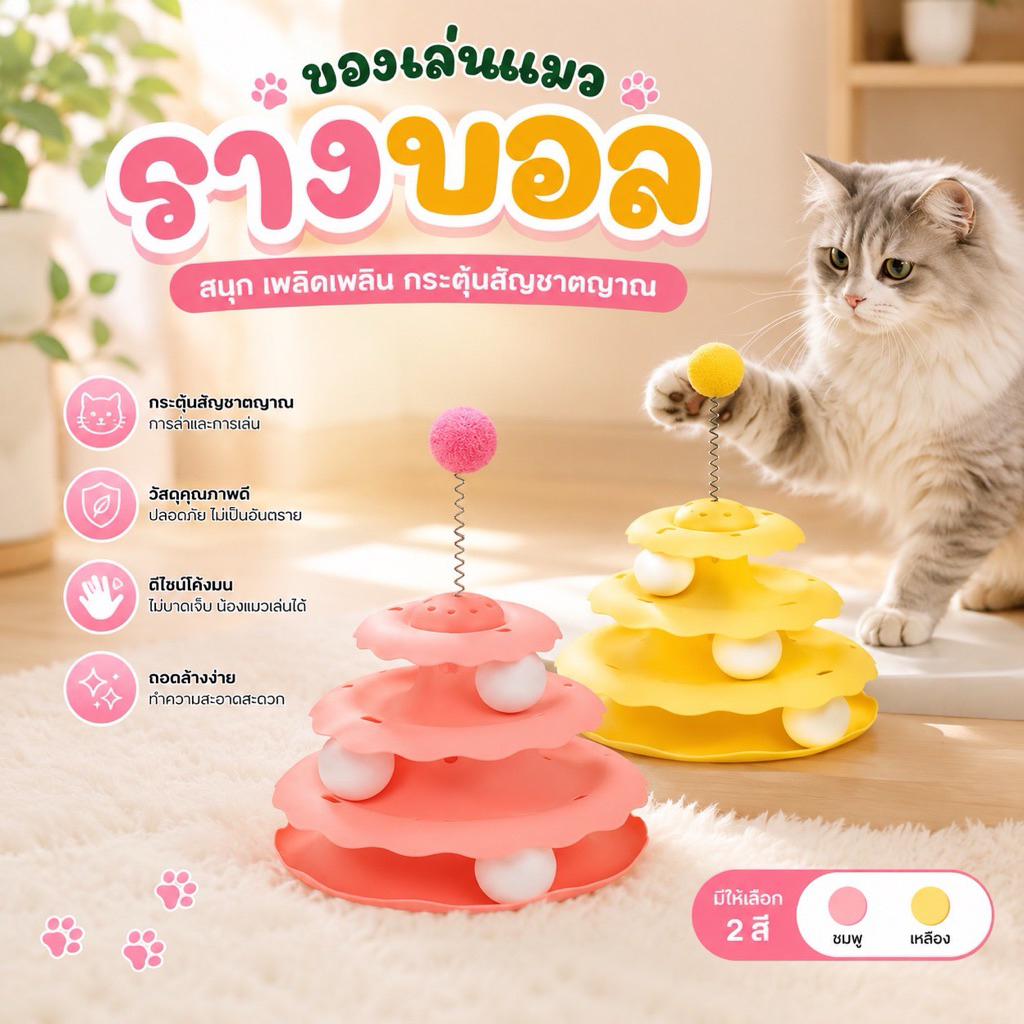 ของเล่นแมว รางบอล 3 ชั้น ของเล่นลูกบอลแมว ของเล่นแมวฝึกสมอง ลูกบอลหมุนได้ พร้อมสปริงบอล ของเล่นแมวในบ้าน มี 2 สี
