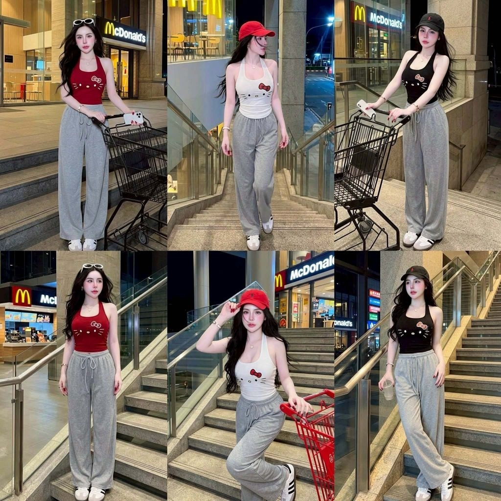 เซ็ต2 ชิ้น คล้องคอ ขายาว สกรีนน่ารักๆ ผ้าดีมาก ใส่เที่ยวคาเฟ่ สวยมากๆ