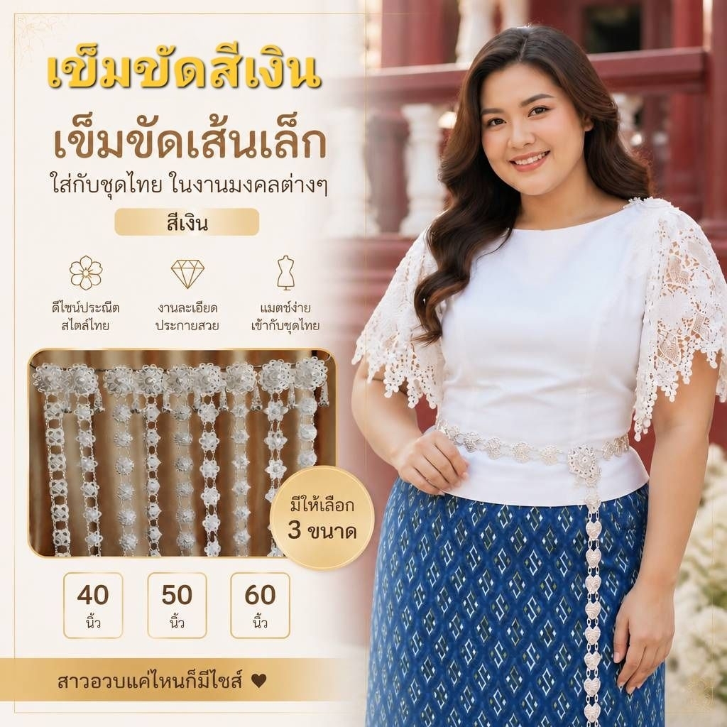 เข็มขัดใส่กับผ้าไทยสีเงิน