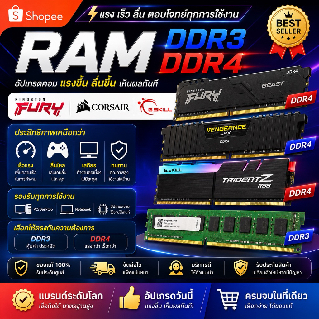 RAM DDR4 4GB 8GB 16GB 32GB BUS 2133/2400/2666/3200/3600 Kingston G.Skill Corsair พร้อมใช้งาน