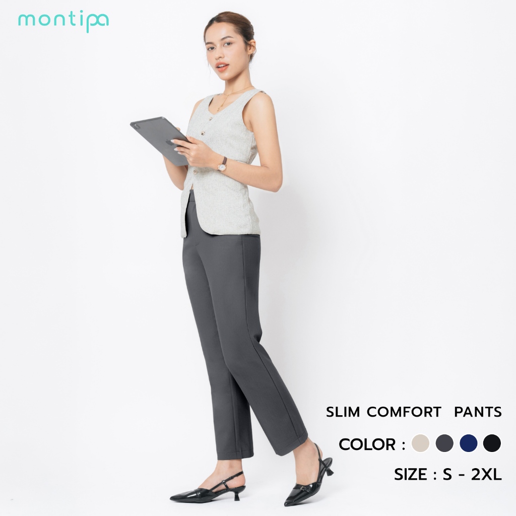 Montipa Slim Comfort Pants กางเกงทรงสอบ ตะขอและซิปหน้า ด้านหน้าเรียบไม่มีจีบ ผ้า Comfort  5BPSC69