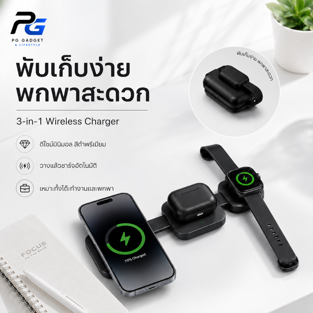 WESDAR 3-in-1 Wireless Charger แท่นเดียวจบ ครบทุกชาร์จ วางปุ๊บ ชาร์จปั๊บ โต๊ะโล่ง ✨ พับง่าย พกไว ใช้ทุ