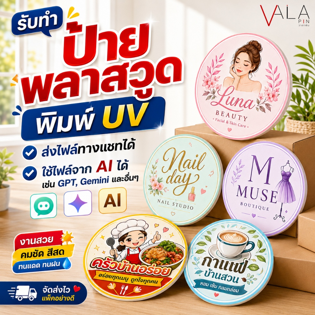 รับทำป้ายพลาสวูด พิมพ์ UV ป้ายร้าน โลโก้ ป้ายวงกลม ป้ายสี่เหลี่ยม ส่งไฟล์จาก GPT Gemini Canva ได้
