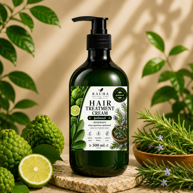 RACHA Natural Care ครีมหมักผมมะกรูดสมุนไพร สูตรธรรมชาติ บำรุงผมเสีย ลดผมร่วง ผมนุ่มลื่น ขวดปั๊ม 500ml (มี 18 สูตร)