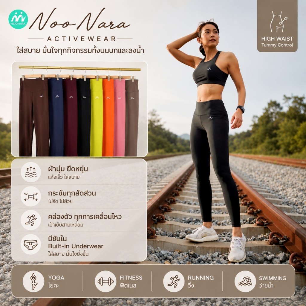 NooNara Legging Pants (เฉพาะกางเกง) กางเกงเลคกิ้ง โยคะ วิ่ง ว่ายน้ำ ดำน้ำ เดินป่า กันยูวี ซับใน กระเป๋า