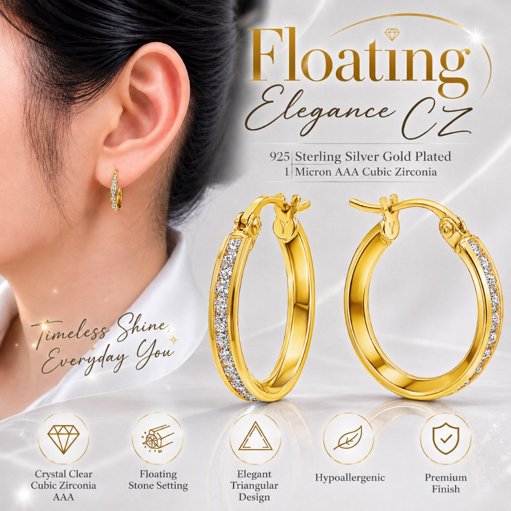 ต่างหูเงินแท้ 925 ชุบทองแท้ หุ้มหนา1ไมครอน & Floating Elegance Crystal Clear Cubic Zirconia (1 Micron Thickness) | 18 mm