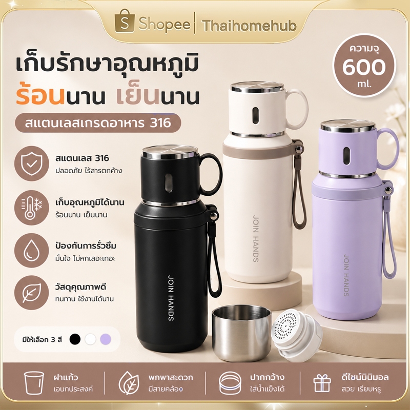 ขวดน้ำสแตนเลส ขนาด 600ML รักษาอุณหภูมิได้ทั้งร้อนและเย็น มีฝาปิดพร้อมซีลซิลิโคน ป้องกันรั่วซึมได้ดี