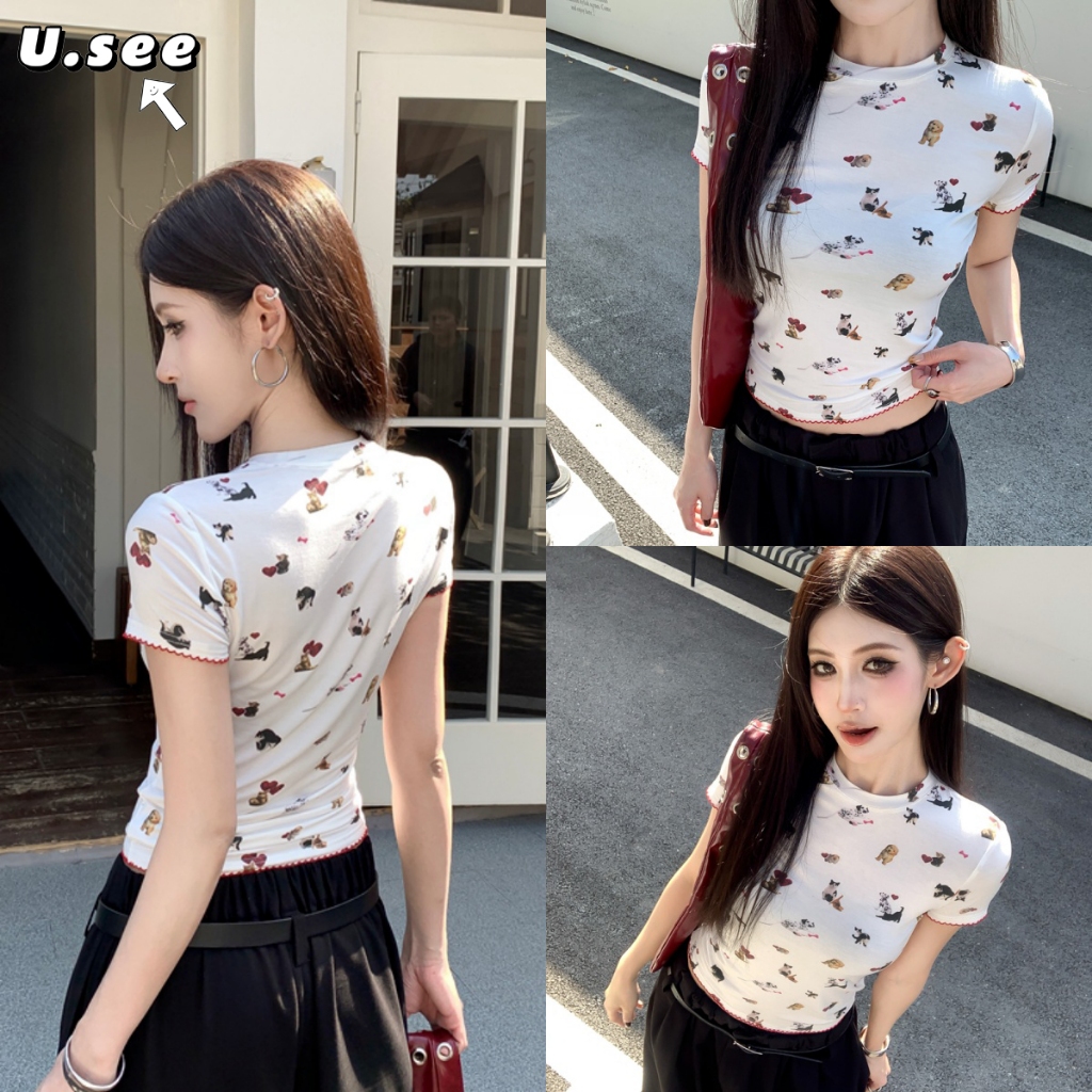 เสื้อยืดเอวลอย เสื้อคอกลมสั้น พิมพ์ลายหมา สไตล์หวานเท่ ใส่ได้ทุกลุค#2431