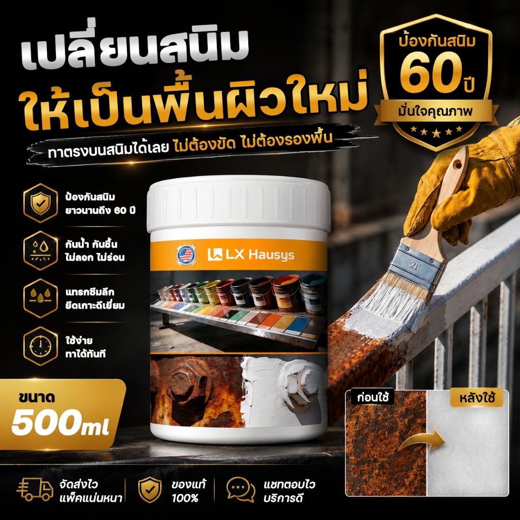 LX Hausys สีทาเหล็กกันสนิม กันน้ำ กันแดด แห้งไว สีติดทนนาน ฟื้นฟูพื้นผิวโลหะเก่า ใช้งานสะดวก 500 มล.