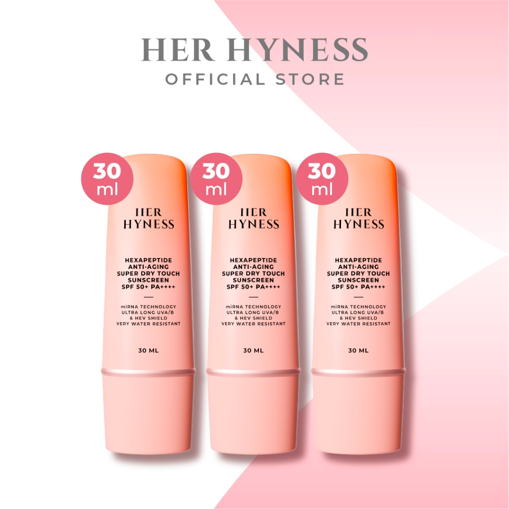 [แพคสาม] HER HYNESS HEXAPEPTIDE ANTI-AGING SUPER DRY TOUCH SUNSCREEN SPF50+ PA++++ กันแดดสูตรสปอร์ตกันน้ำกันเหงื่อ 30มล.