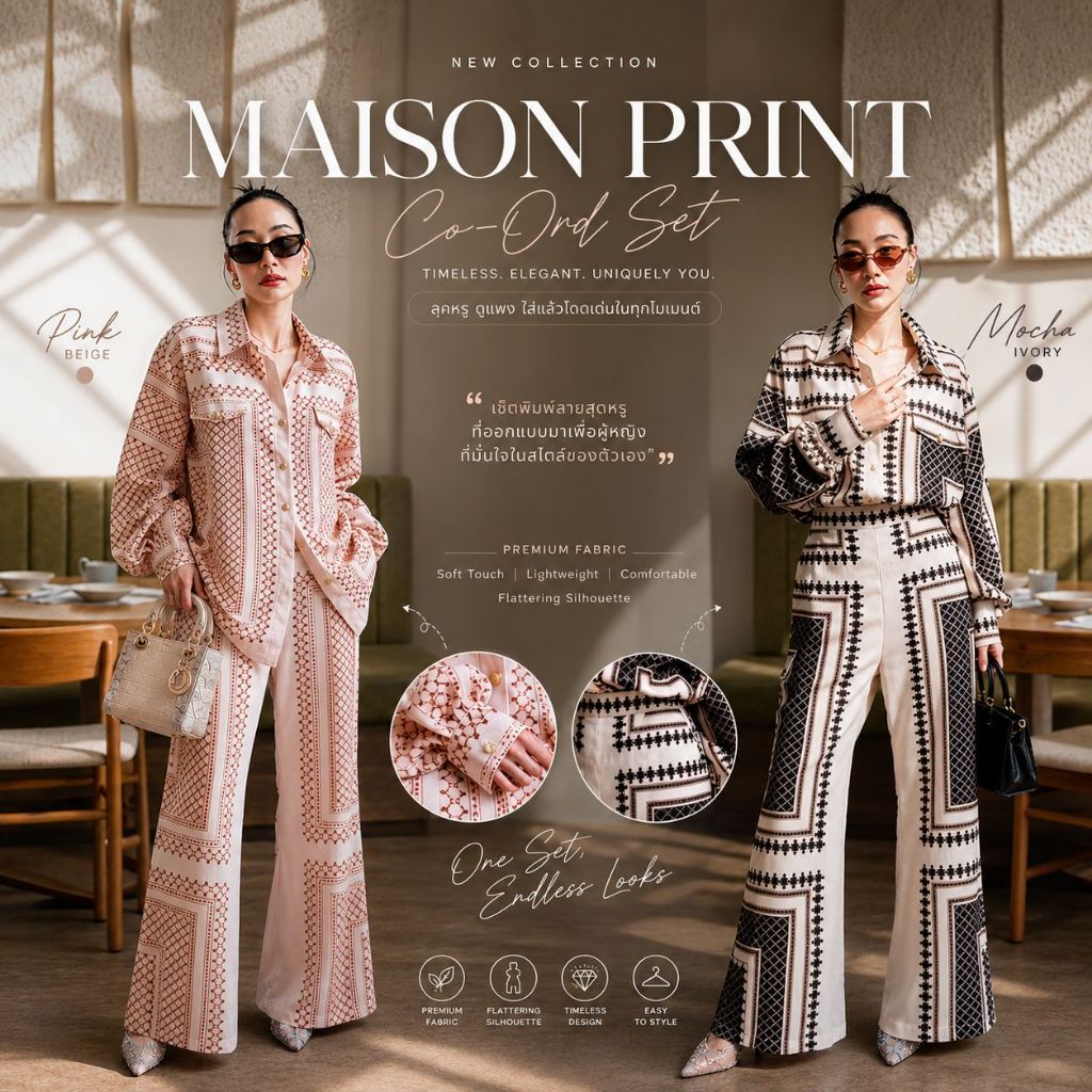พร้อมส่ง Set เชิ้ตลายโคลเวอร์กระเป๋าอกกระดุมทอง+กางเกงขายาว งานป้าย vshopbrand