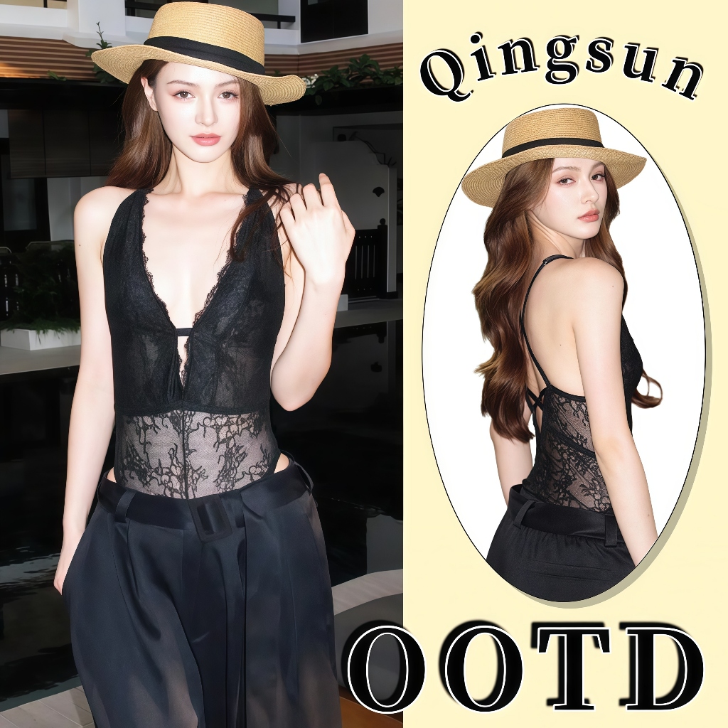 Qingsun ผู้หญิงบอดี้สูทสายเดี่ยว ลูกไม้เซ็กซี่ คอวี การออกแบบ รักสวย หุ่นเพรียว เหมาะสำหรับฤดูร้อน FY5138-0