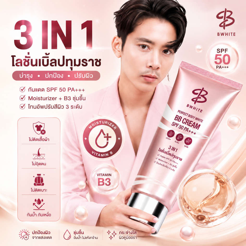 Bwhite เบิ้ลปทุมราช โลชั่น 3 In 1 ปรับสีผิว 3 ระดับ กันแดด ชุ่มชื้น ไม่ติดเสื้อ ไม่ติดขน ขนาด 150 Ml.