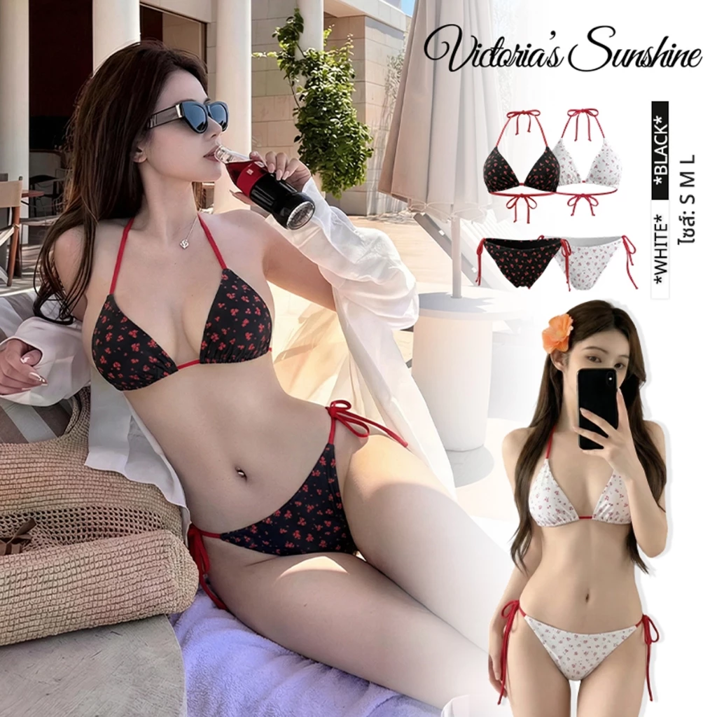 Victoria's Sunshine บิกินี่ ชุดว่ายน้ำ bikini เซ็กซี่ 2ชิ้น ลวดลายดอกไม้ เที่ยวทะเล#1148