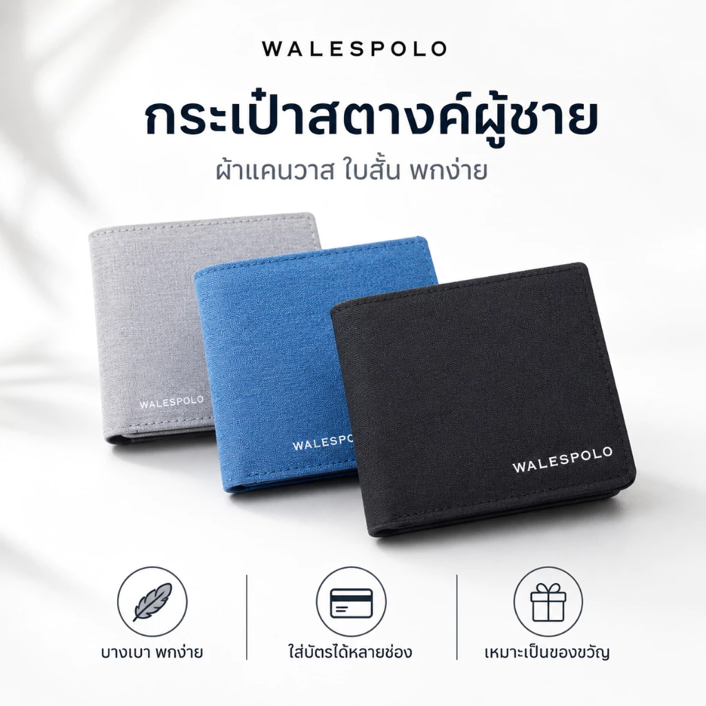 กระเป๋าสตางค์ผู้ชาย WALESPOLO ผ้าแคนวาส เรียบเท่ ใช้งานทุกวัน ของขวัญปีใหม่ วาเลนไทน์ สงกรานต์